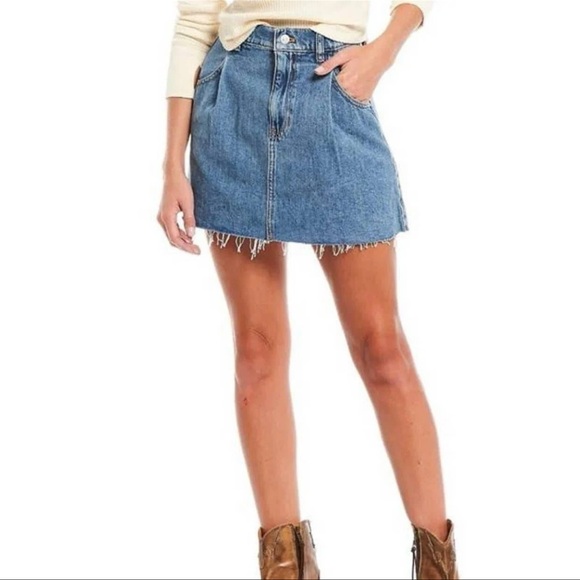 FREE PEOPLE We The Free Denim Pleated Raw Hem Cosmic Flirt Mini Skirt Sz. 27 - Picture 15 of 16